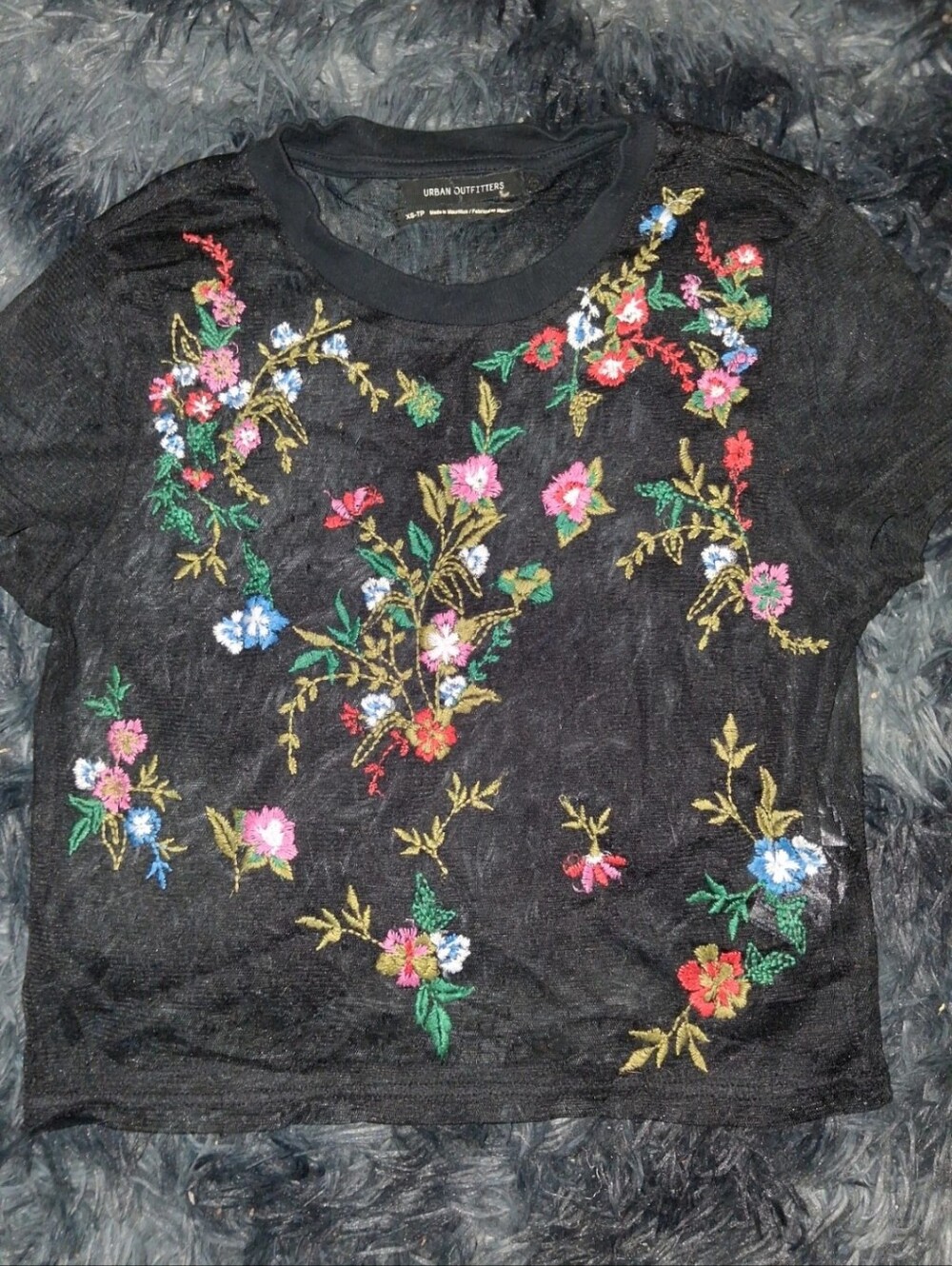 Urban Outfitters Black Floral Embroidered Mesh Cropped Top